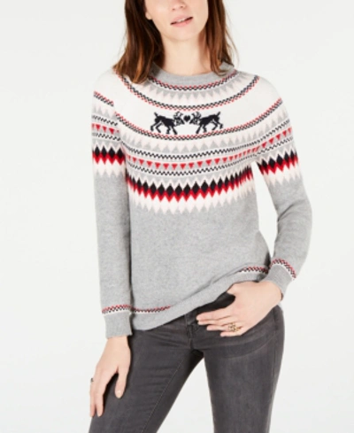 Tommy Hilfiger Kissing Reindeer Fair Isle Sweater, Created For Macy's In Med Heather Grey Combo