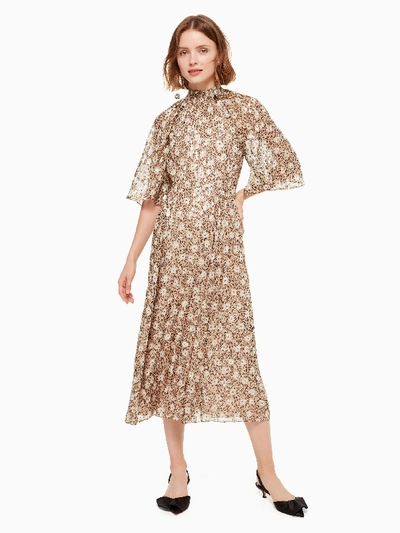 Kate Spade Floral Park Metallic Detail Silk Blend Midi Dress In Roasted Peanut