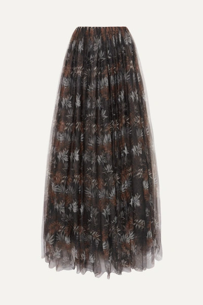 Brunello Cucinelli Pleated Printed Tulle Maxi Skirt In Black