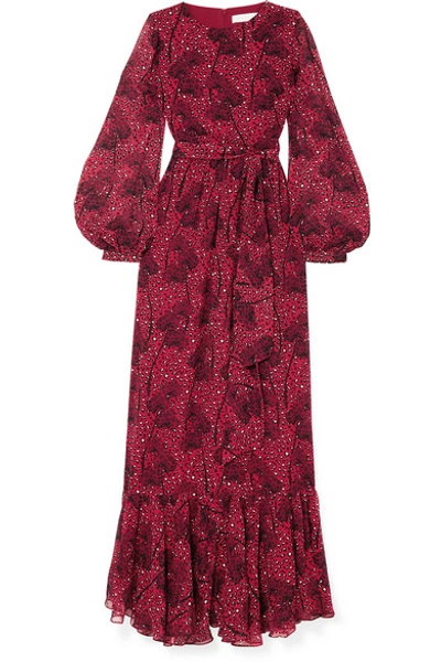 Borgo De Nor Dianora Long-sleeve Tie-waist Floral-print Silk Georgette Maxi Dress In Red