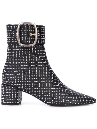 Saint Laurent Joplin Studded Napa Leather Buckle Booties In Black