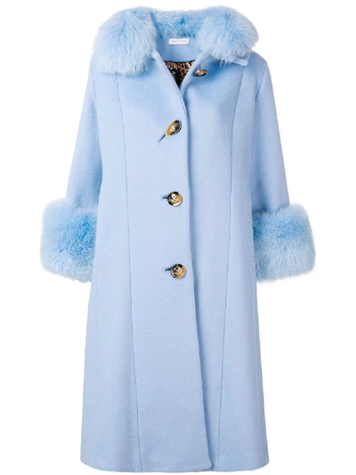 Saks Potts Fur Trim Oversized Coat In Blue