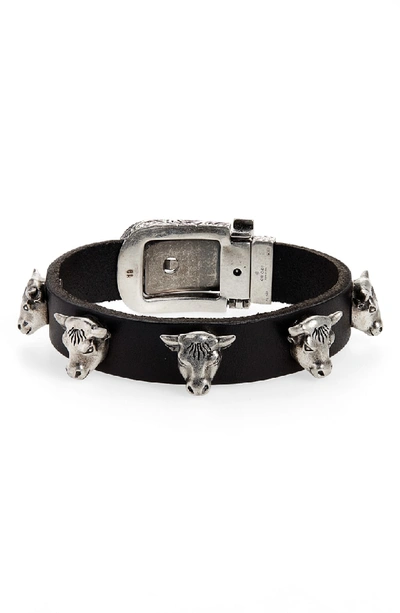 Gucci Sterling Silver Stud Leather Bracelet In Black
