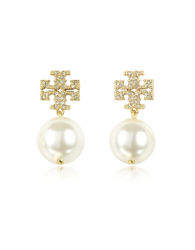Tory Burch Crystal Logo & Simulated Pearl Drop Earrings In Gold