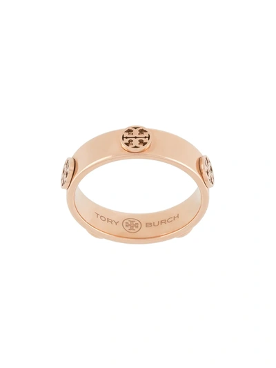 Tory Burch Gold Tone Raised Serif T Logo Ring In Pink