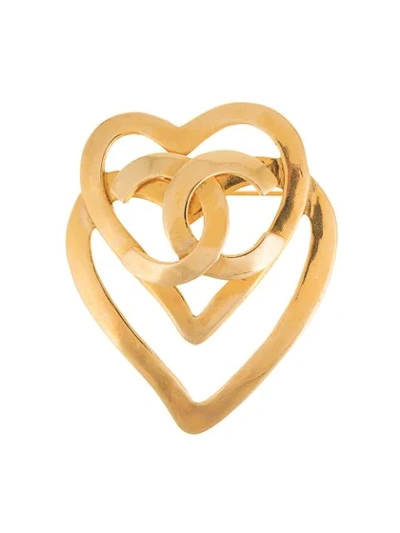 Pre-owned Chanel Vintage Double Heart Cutout Brooch - Gold