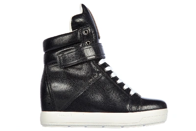 Prada Women's Shoes High Top Leather Trainers Sneakers Nappa Sport In Black