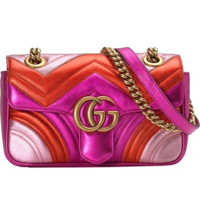 Gucci Gg Marmont Mini Quilted Multi Metallic Leather Shoulder Bag In Fuxia/ Rosso/ Rosa