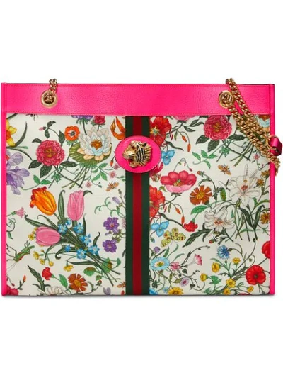 Gucci Rajah Medium Floral-print Tote Bag With Tiger Head In Fuchsia Flora Print Canvas
