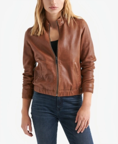 Lucky Brand Ana Leather Zip front Jacket In Saddle ModeSens