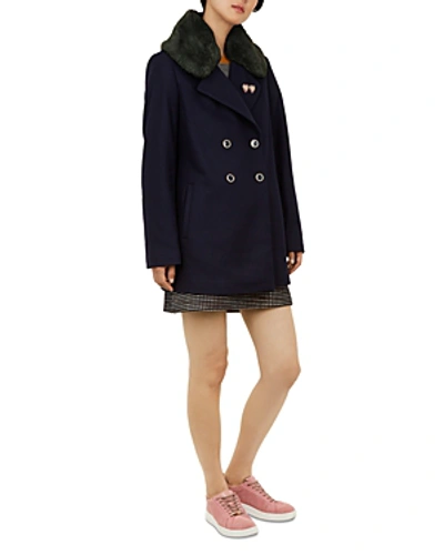 Ted Baker Colour By Numbers Gaita Faux-fur-trimmed Peacoat In Navy