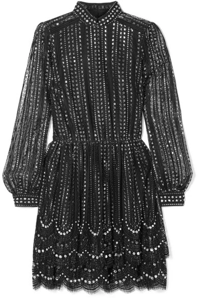 Michael Michael Kors Mock-neck Long-sleeve Cinched-waist Beaded Lace A-line Dress In Black