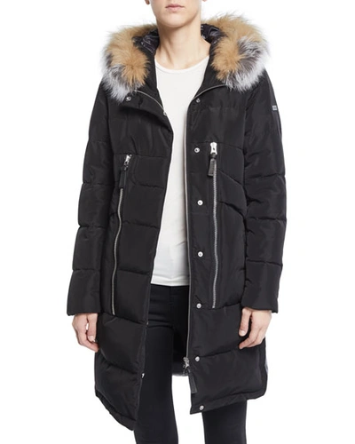 Derek Lam 10 Crosby Zip-front Quilted Parka Jacket With Fox Fur Hood In Black