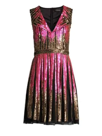 Aidan Mattox Striped Beaded V-neck Cocktail Dress In Pink Multi