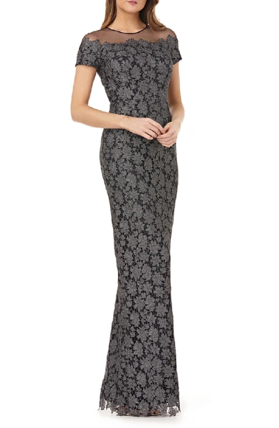Js Collections Illusion Metallic Lace Gown In Gunmetal