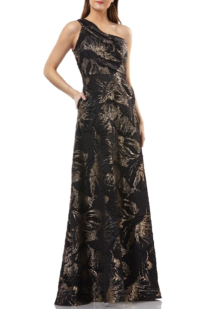 Carmen Marc Valvo Infusion One-shoulder Pleated Brocade Ballgown In Black/ Gold