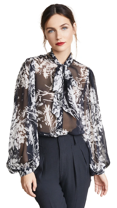Equipment Cleone Pussy-bow Printed Silk-chiffon Blouse In Eclipse/nature White