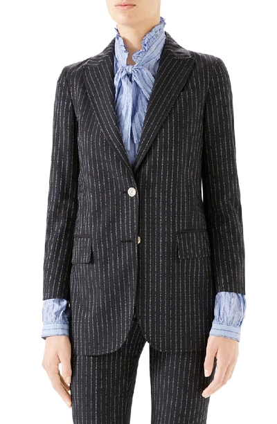 Gucci Pinstriped Wool Blazer Jacket In 1193 Dark Grey/ Azure/ Mc