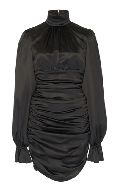 Dolce & Gabbana Flared Cuff Ruched Satin Mini Dress In Black