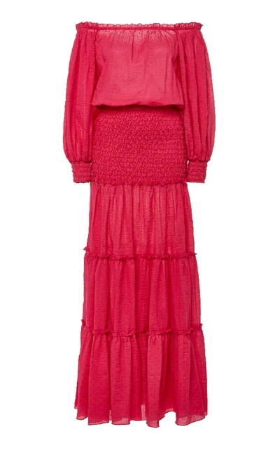 Alexis Thalssa Off-the-shoulder Shirred Cotton-voile Maxi Dress In Fuchsia Dot