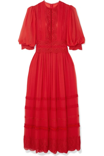 Costarellos Crocheted Lace-trimmed Silk Crepe De Chine Maxi Dress In Red