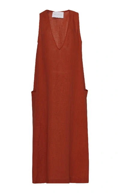 Asceno V-neck Linen Pocket Midi Dress In Red