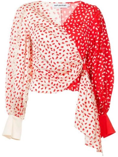 Self-portrait Guipure Lace-trimmed Printed Satin Wrap Top In Cream & Red