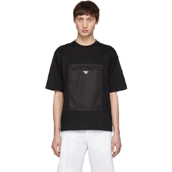 Prada Black Cotton T-shirt With Nylon Pocket In F0002 Nero | ModeSens