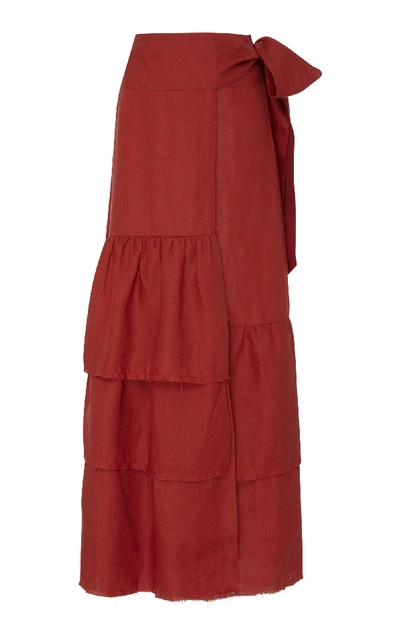 Johanna Ortiz Exclusive Bahia De Ramla Tiered Linen Maxi Skirt In Red