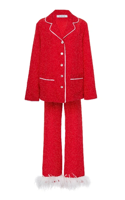 Sleeper Ostrich Feather-trimmed Satin Pajama Set In Red