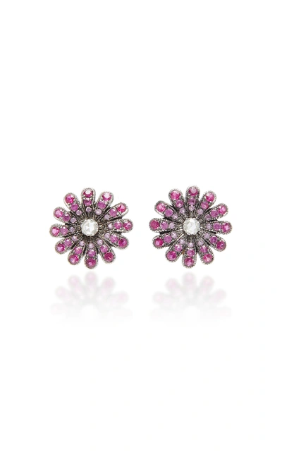 Nam Cho Rhodium-plated 18k White Gold Ruby And Diamond Earrings In Red