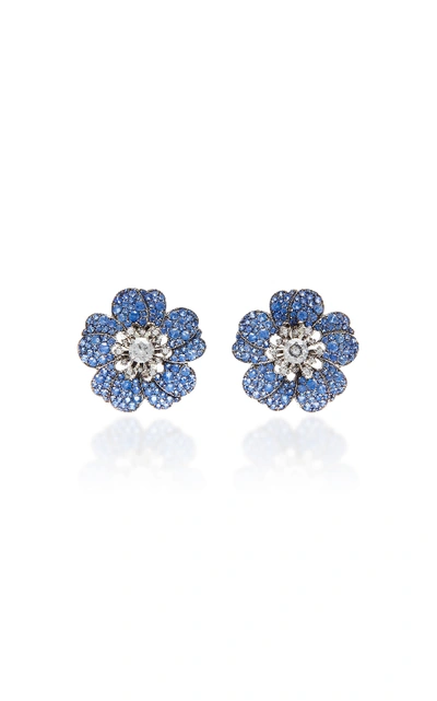 Nam Cho Rhodium-plated 18k White Gold Sapphire And Diamond Earrings In Blue