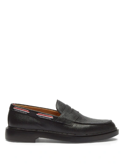 Thom Browne Grosgrain Trim Pebbled Leather Penny Loafers In Black