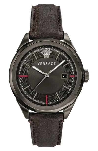 Versace Glaze Leather Strap Watch, 43mm In Black/ Gunmetal