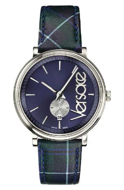 Versace V Circle Clans Edition Leather Strap Watch, 42mm In Tartan Green/ Blue/ Silver