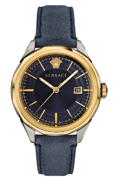 Versace Glaze Leather Strap Watch, 43mm In Blue/ Gold/ Silver