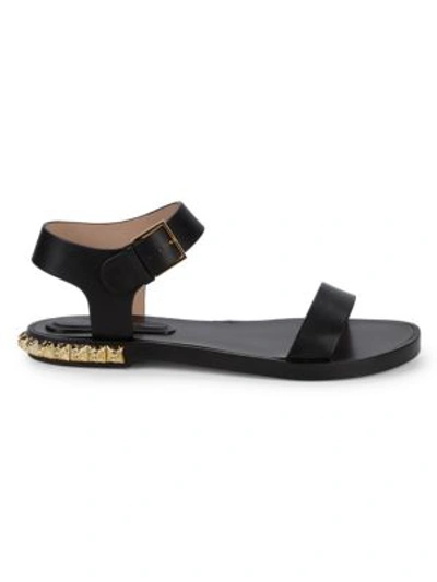 Stuart Weitzman Rosewood Embellished Leather Flat Sandals In Black