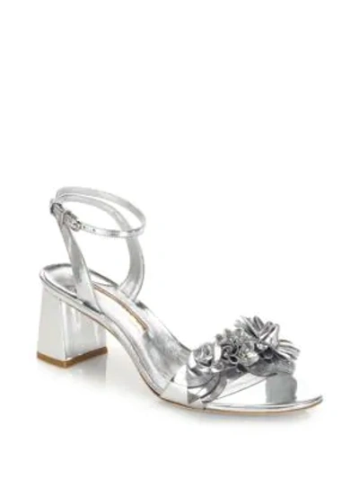 Sophia Webster Lilico Floral-embellished Metallic Leather Block Heel Sandals In Silver