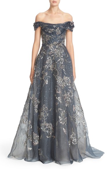 Marchesa Embellished Off The Shoulder Silk Organza Gown In Charcoal ...