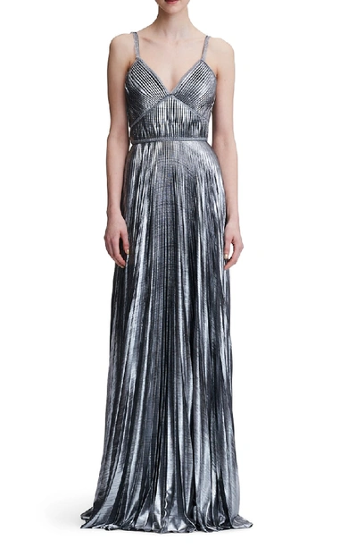 Marchesa Notte Pleated Lame A-line Gown In Silver