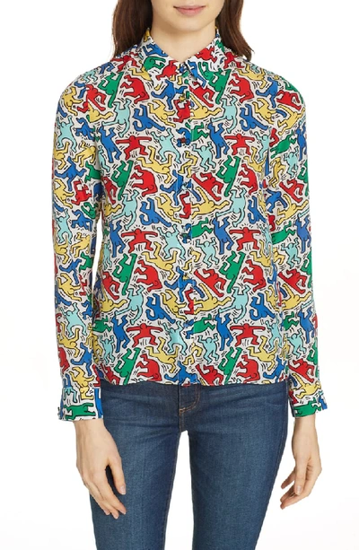 Alice And Olivia Keith Haring X Alice + Olivia Willa Placket Top In Dancing Man Soft White/ Multi