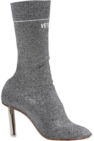 Vetements Woman Metallic Knitted Ankle Boots Silver