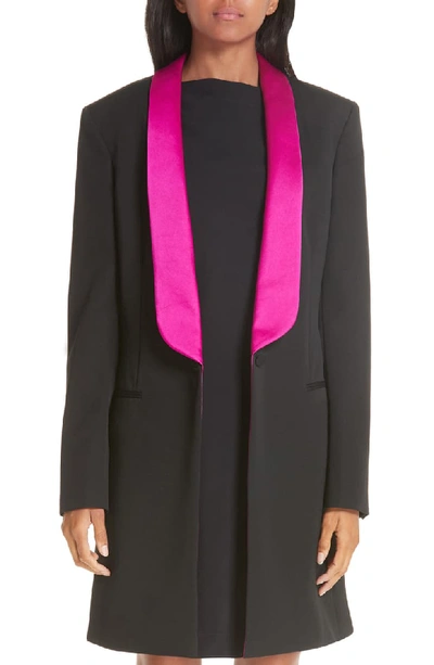 Calvin Klein Tux-lapel One-button Long Wool Gabardine Blazer Coat In Nero Fuxia