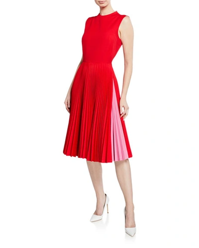 Calvin Klein Pleated-skirt Crewneck Sleeveless Fit-and-flare Dress In Pink/red