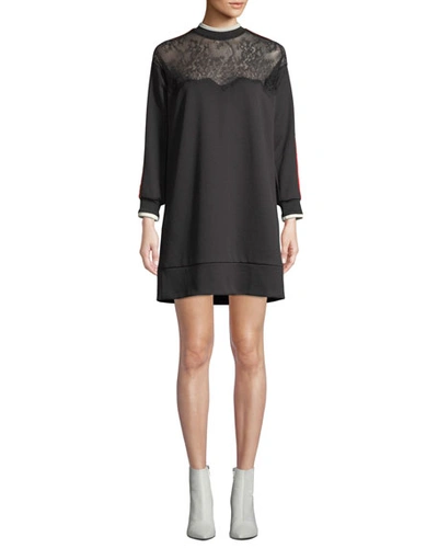 Pinko Lace Racer-stripe Short Sweatshirt Dress In Black