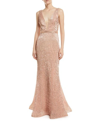 Jovani Stretch Sequin V-neck Gown In Pink/gold