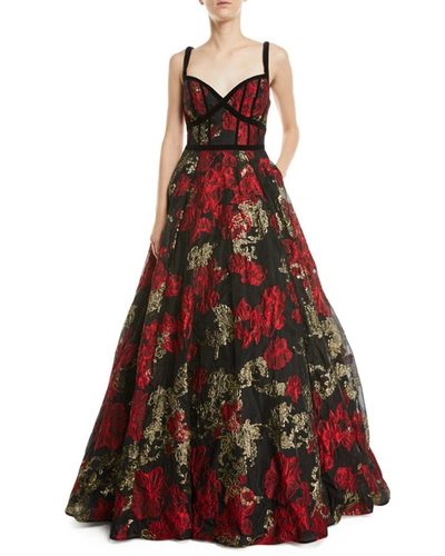 Jovani Floral Jacquard Sleeveless Ball Gown In Black