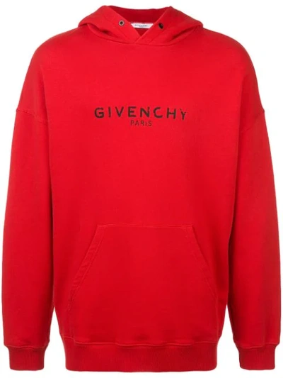 Givenchy Distressed-logo Print Cotton Hooded Sweatshirt In Red