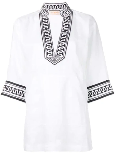 Tory Burch Tory Embroidered Linen Coverup Tunic In White/ Navy