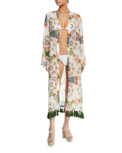 Verandah Printed Long-sleeve Coverup Kimono With Tassels In White